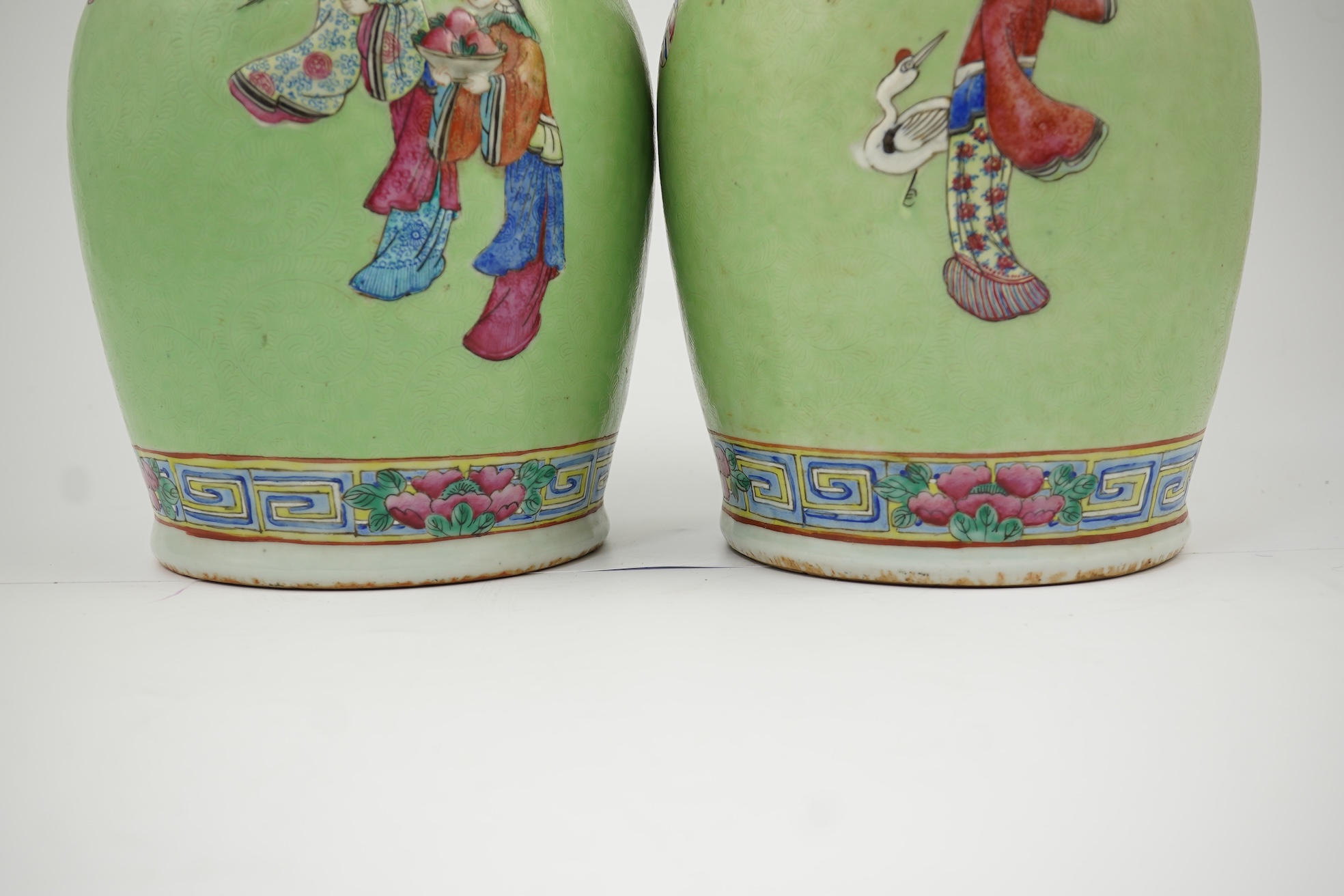 A pair of Chinese lime-green sgraffito ground vases, late 19th century